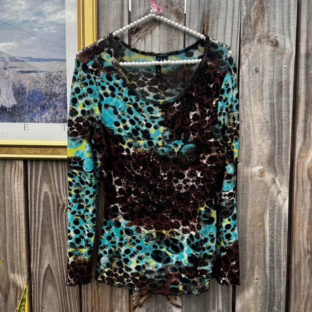Sheer Mesh Leopard Print Blouse Sequins Blue Brow… - image 1